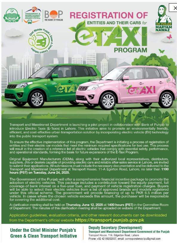 CM Punjab Announces E-Taxi Registration Under Green Transport Plan